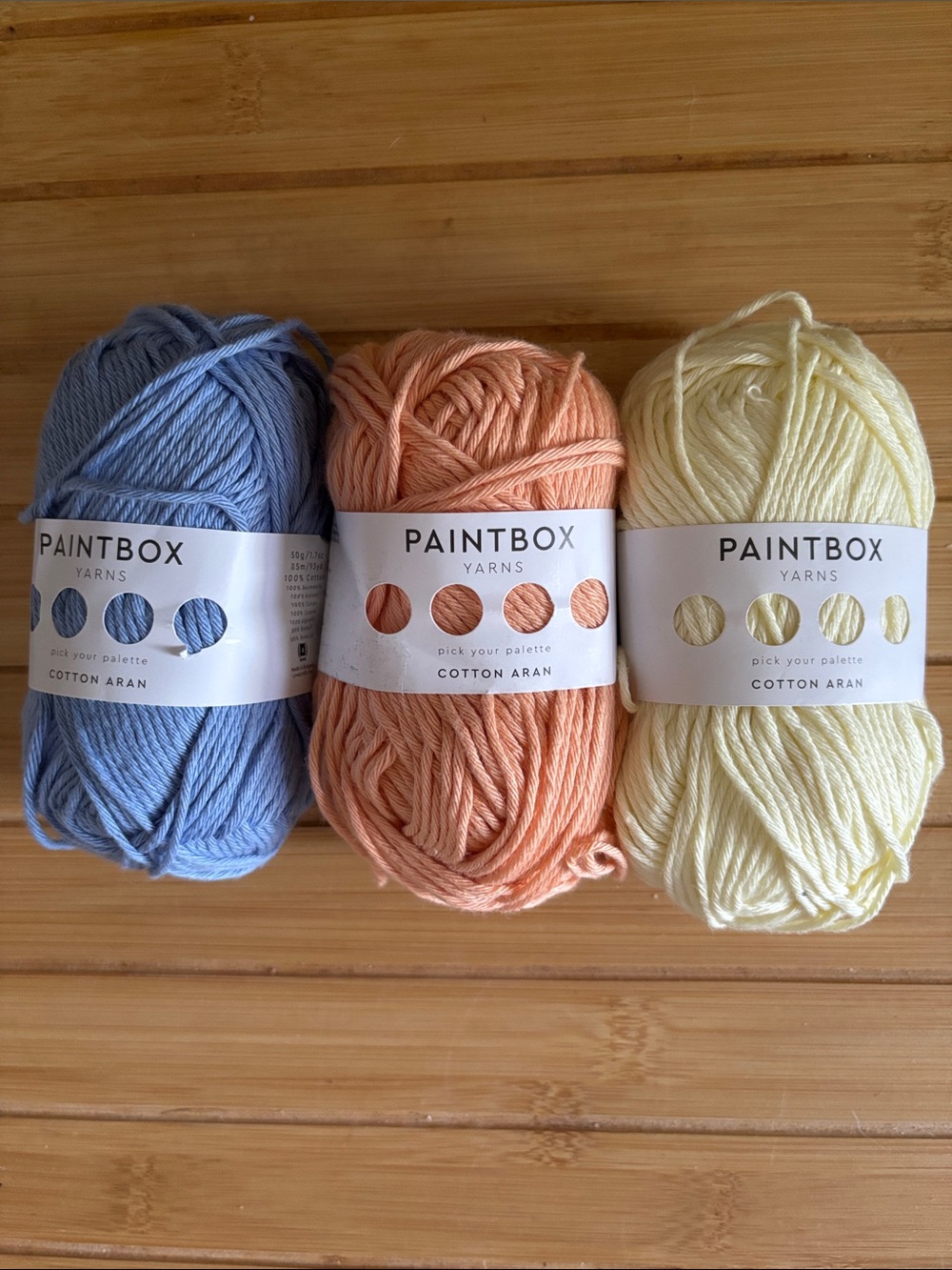 3/25$ 🎀 Paintbox Yarns Cotton Aran Trio - Blue, Peach, Pale Yellow 50 yds wgt 4